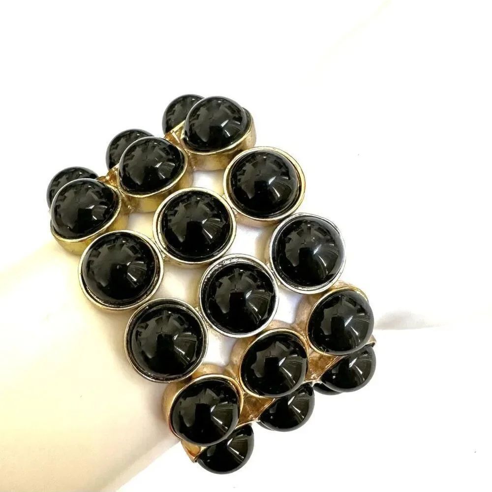 Black and gold tone wide beaded stretchy bracelet